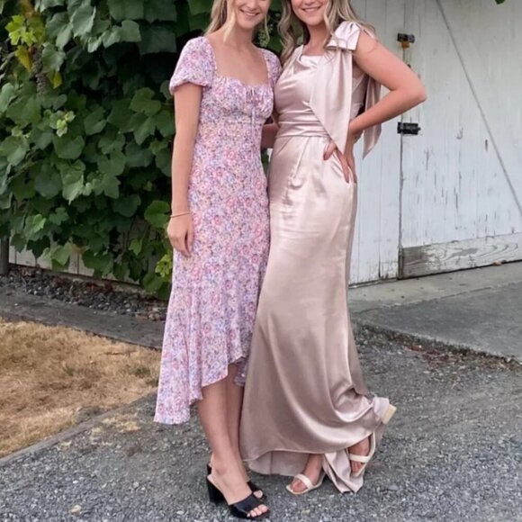 ASTR the Label Bow Tie Ruffle Midi Dress SZ M Pink Purple Floral Milkmaid - Picture 14 of 14